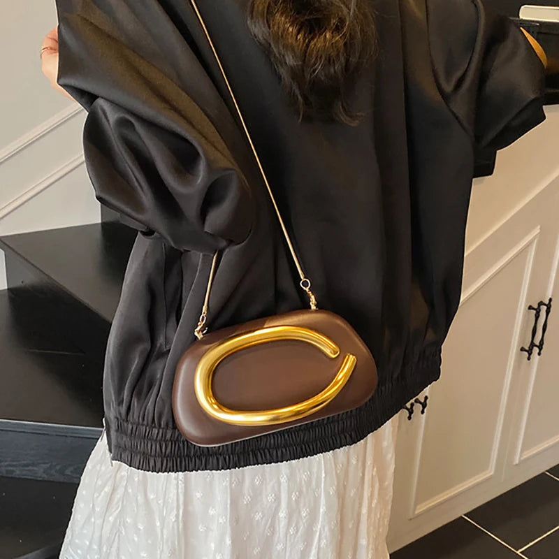 New Clutch Bag Metal Handle Design Evening Bag Round Box Chain Bag Elegant Woman Shoulder Bags PU Crossbody Bag