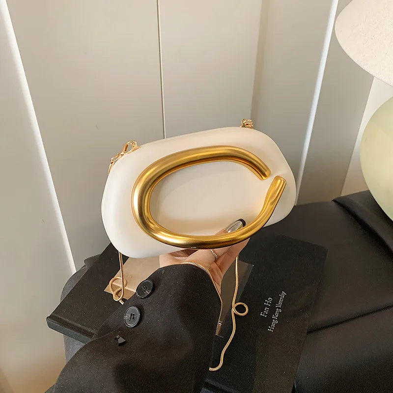New Clutch Bag Metal Handle Design Evening Bag Round Box Chain Bag Elegant Woman Shoulder Bags PU Crossbody Bag