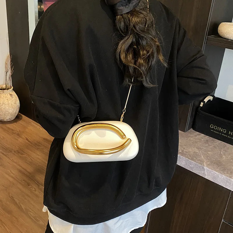 New Clutch Bag Metal Handle Design Evening Bag Round Box Chain Bag Elegant Woman Shoulder Bags PU Crossbody Bag