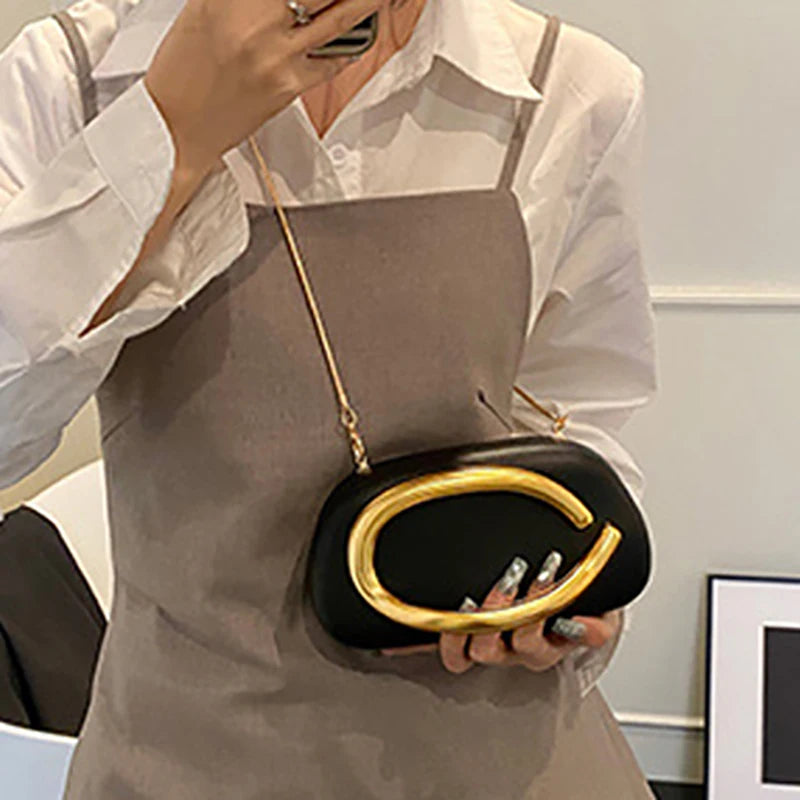 New Clutch Bag Metal Handle Design Evening Bag Round Box Chain Bag Elegant Woman Shoulder Bags PU Crossbody Bag