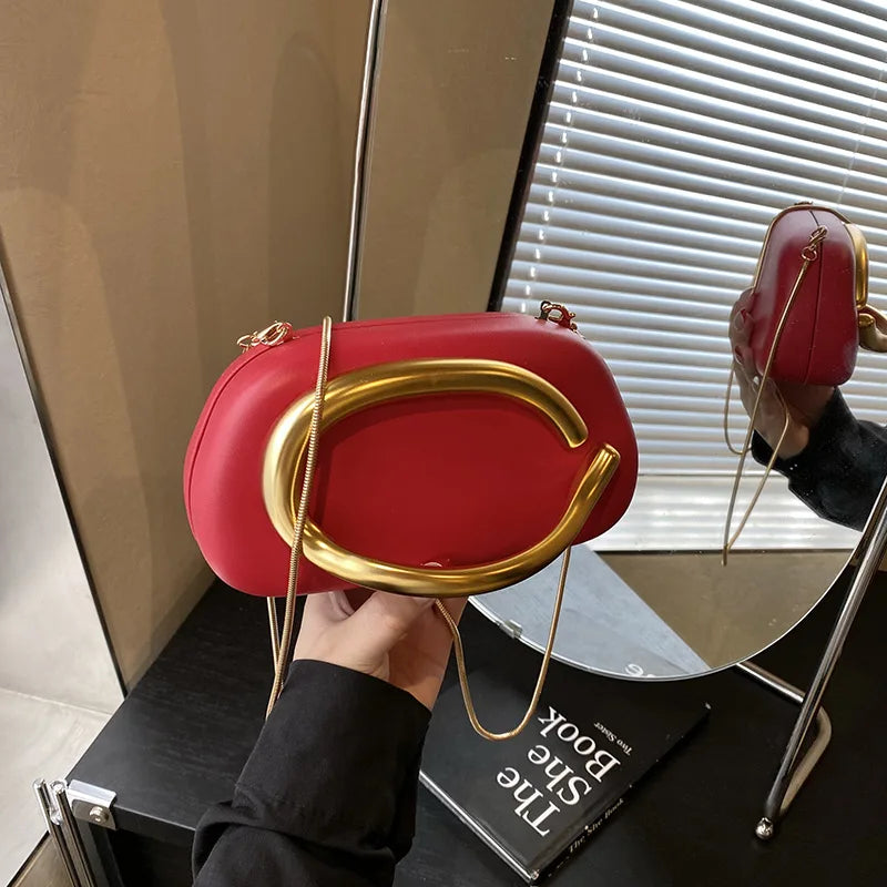 New Clutch Bag Metal Handle Design Evening Bag Round Box Chain Bag Elegant Woman Shoulder Bags PU Crossbody Bag