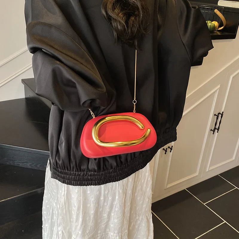 New Clutch Bag Metal Handle Design Evening Bag Round Box Chain Bag Elegant Woman Shoulder Bags PU Crossbody Bag