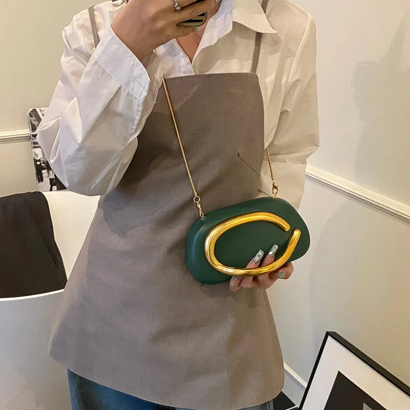 New Clutch Bag Metal Handle Design Evening Bag Round Box Chain Bag Elegant Woman Shoulder Bags PU Crossbody Bag