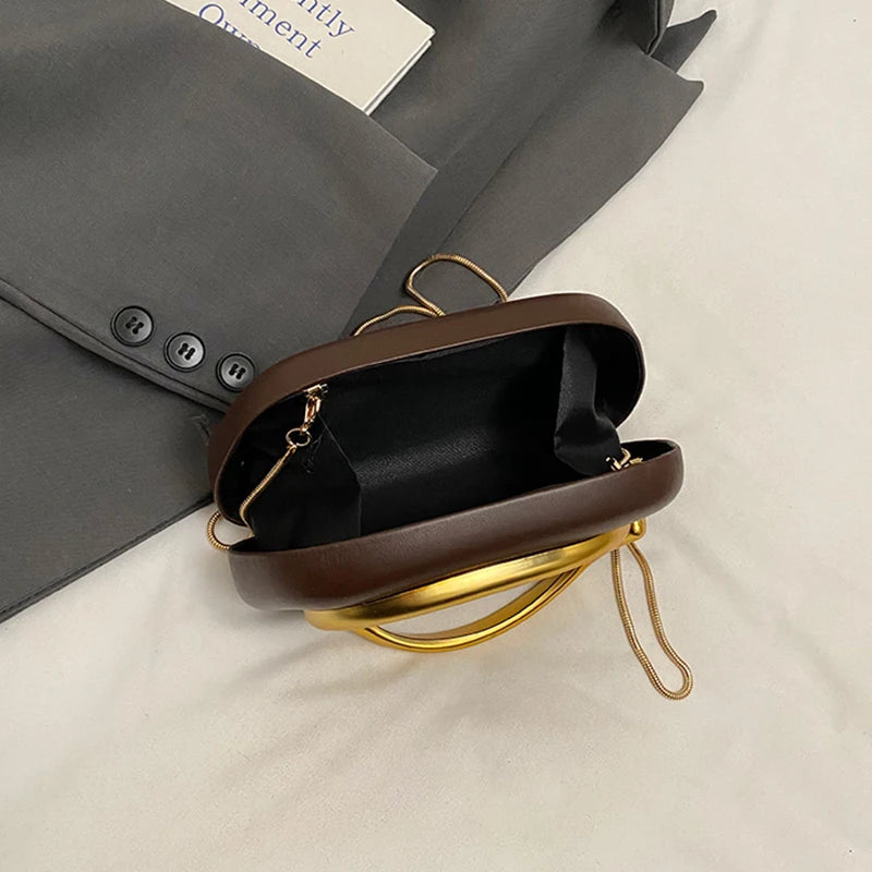 New Clutch Bag Metal Handle Design Evening Bag Round Box Chain Bag Elegant Woman Shoulder Bags PU Crossbody Bag