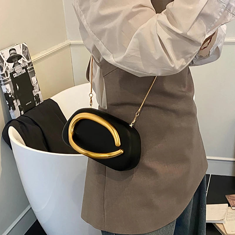 New Clutch Bag Metal Handle Design Evening Bag Round Box Chain Bag Elegant Woman Shoulder Bags PU Crossbody Bag